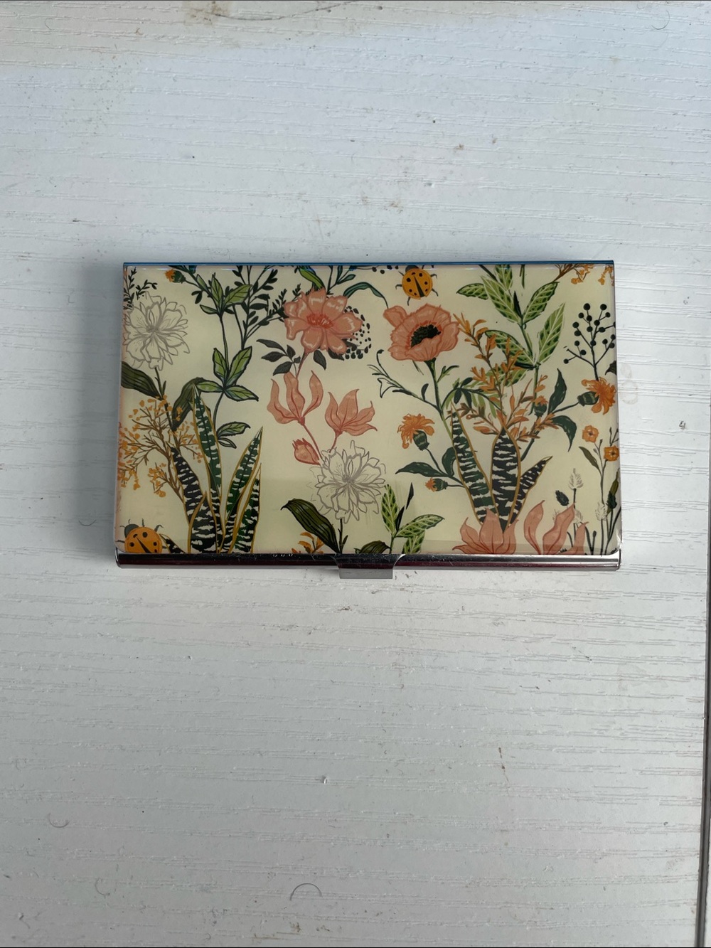 Floral Pattern Compact Card Holder - Cream with Pink & Green